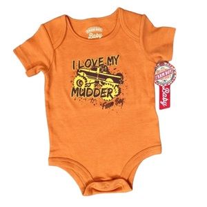 Farm Boy Brand Orange Yellow Brown “I Love My Mudder” Truck Onesie 6-9 Months